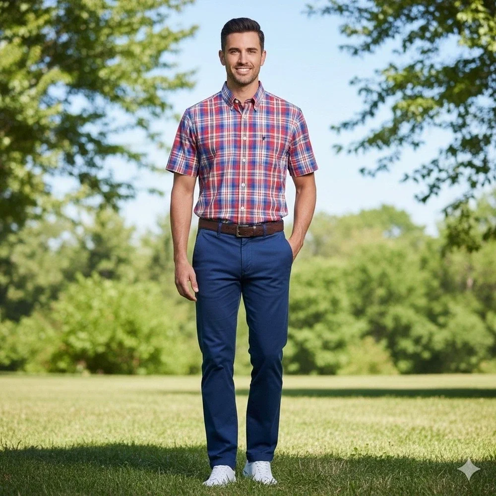 American Eagle Mens Size Short Sleeve Large Shirt Red Blue Plaid Vintage Fit‎